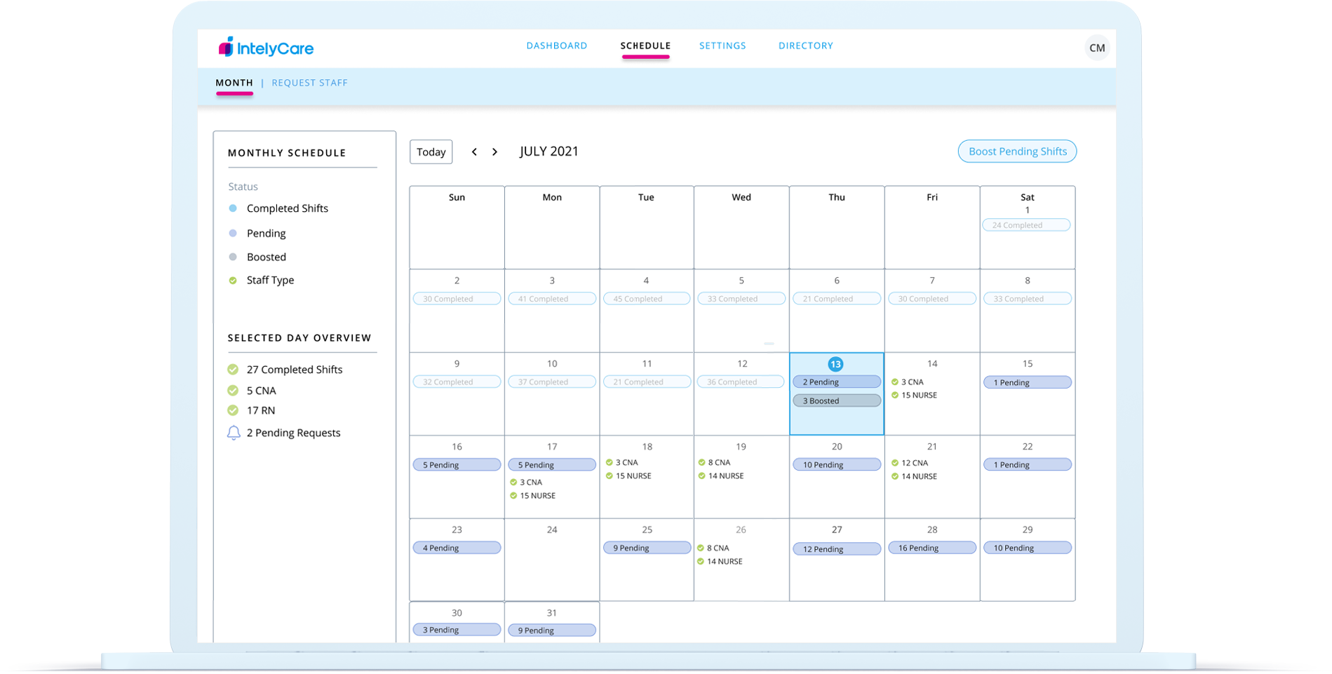 Calendar of a nurse's scheduled shifts in the IntelyCare app