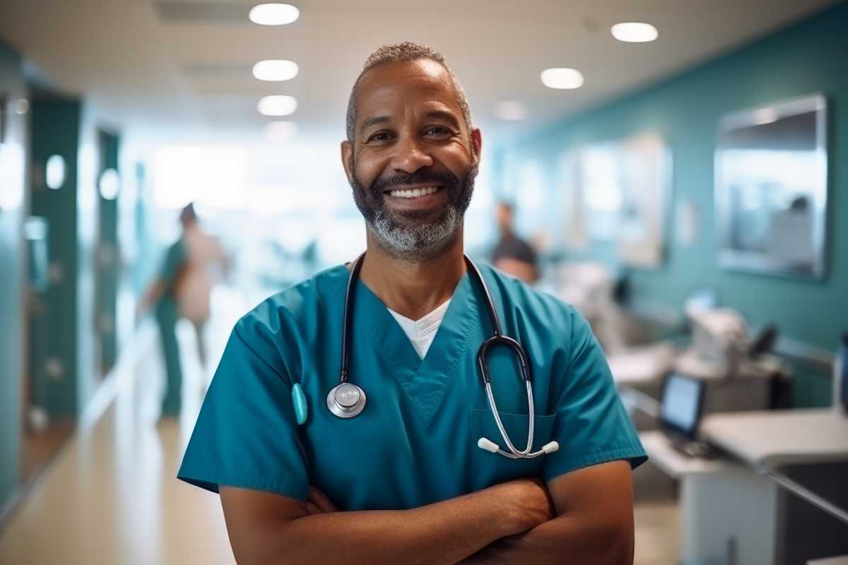 African-American male nurse in teal scrubs with arms crossed.