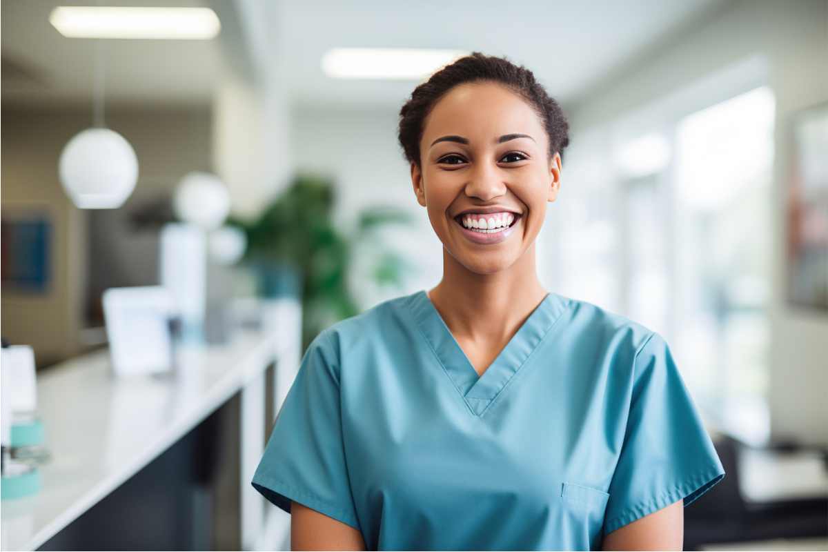 CNA woman smiling in light blue scrubs.