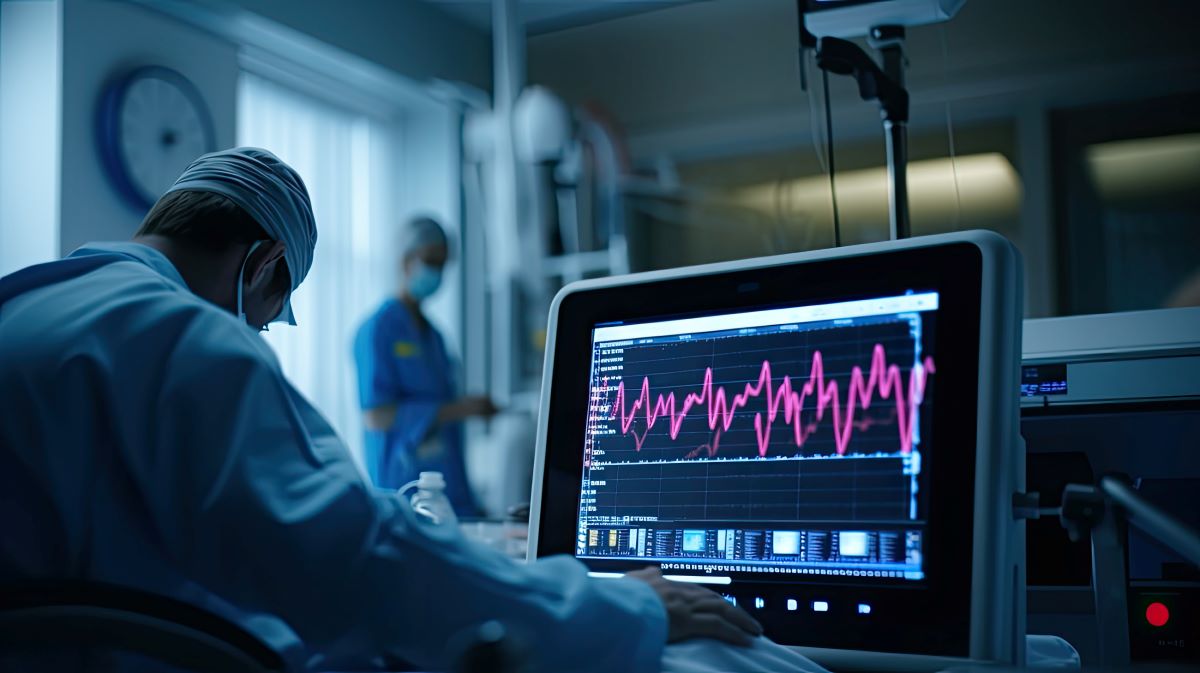 A telemetry nurse monitors a patient's heart rate and other vitals during an operation.