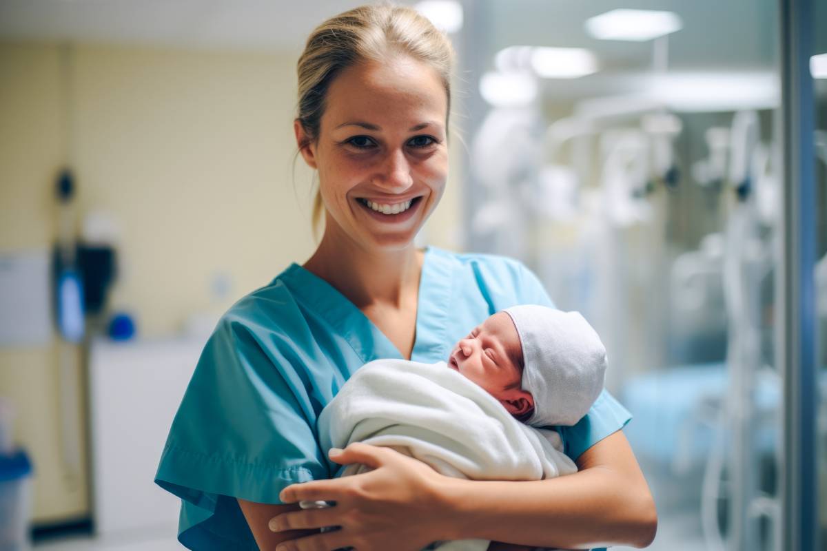 A postpartum nurse cares for a newborn baby.