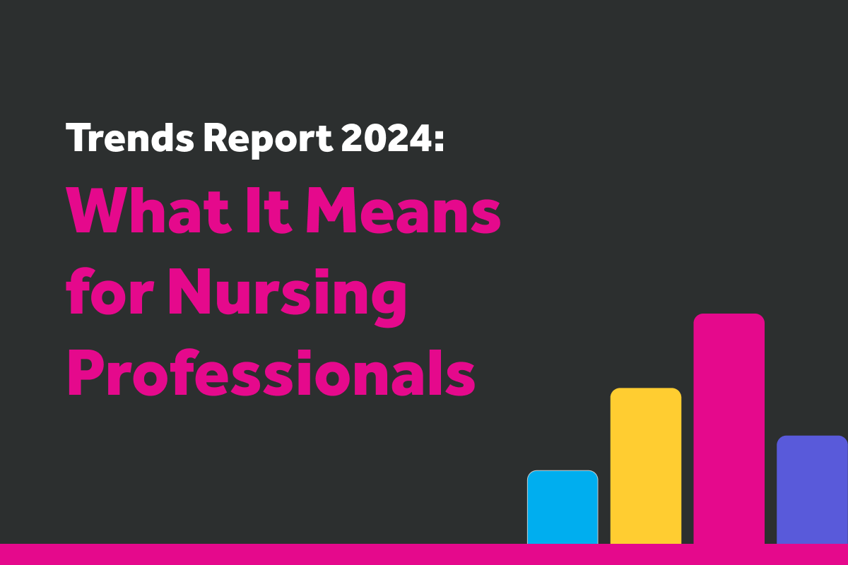 Bar graph with the words Trends Report 2024: What It Means for Nursing Professionals