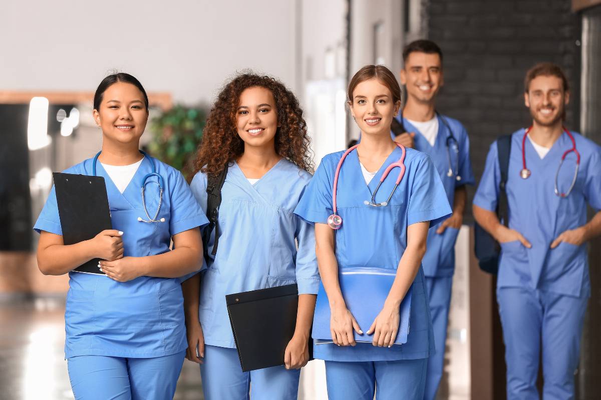 A group of nursing students discuss the question, Is nursing a STEM major?