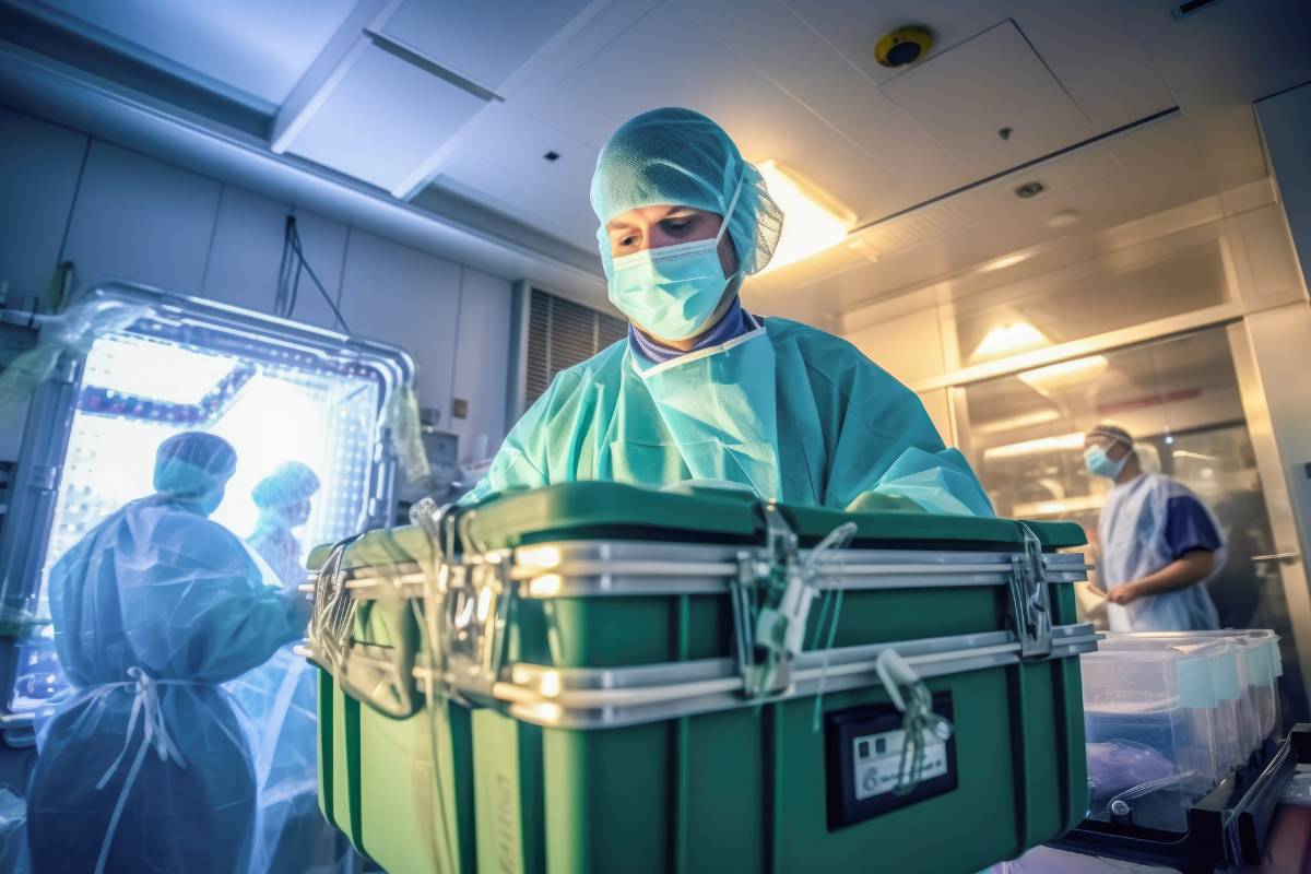 A transplant nurse prepares to transport an organ.