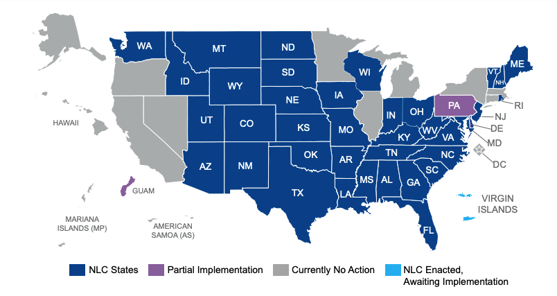 Map of the nursing compact states as of April 2024.