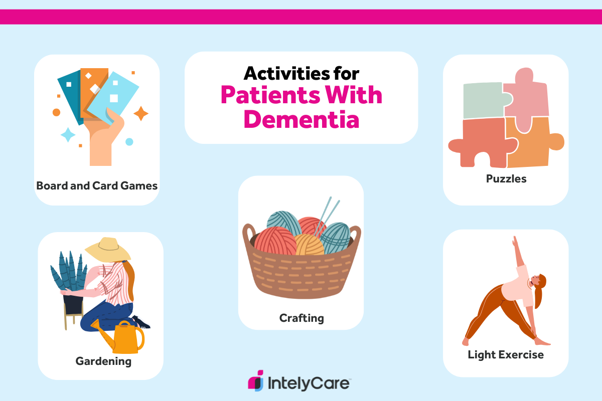 Graphic depicting 5 helpful activities for dementia patients.