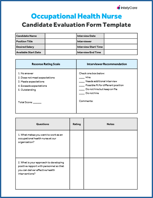 Thumbnail image for our occupational health nurse candidate evaluation form template.