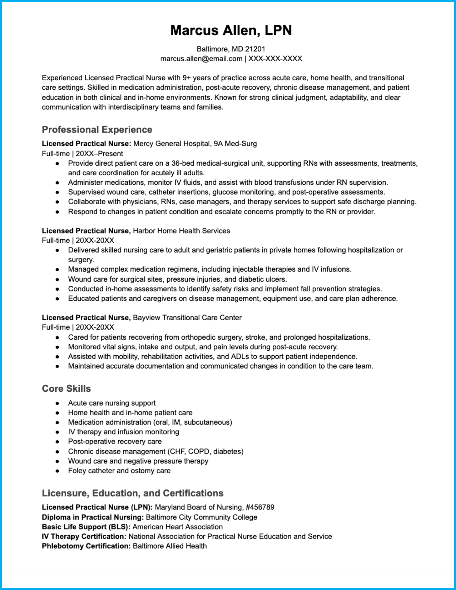 Image of an LPN resume sample with a blue border.